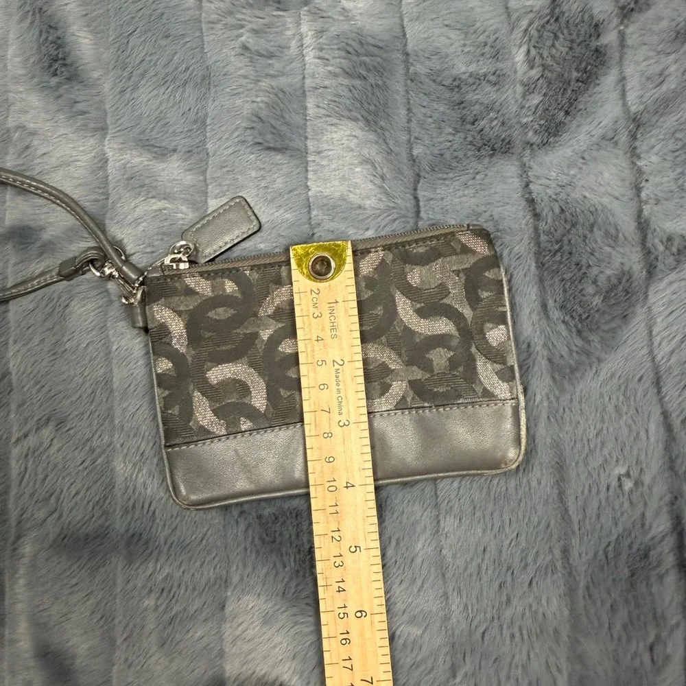 Coach Metallic Grey Optic Signature Jacquard Leather Trim Wristlet Pouch 6996